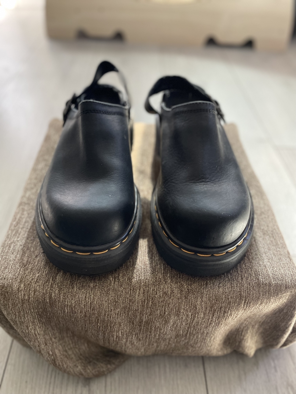 Dr. Martens Black Leather Slip-On Clogs with Yellow Stitching
